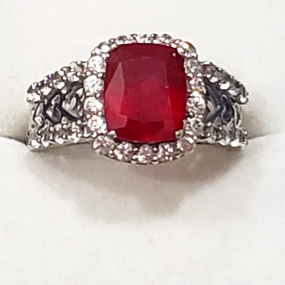 Niassa Ruby & White Zircon fancy halo ring in Platinum over 925 SS sz 8 4.50 tcw - Picture 1 of 7